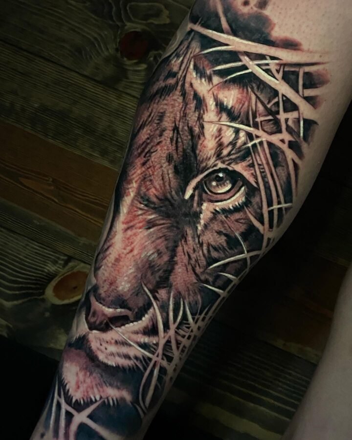 Black and grey lion tattoo with textured background on the forearm