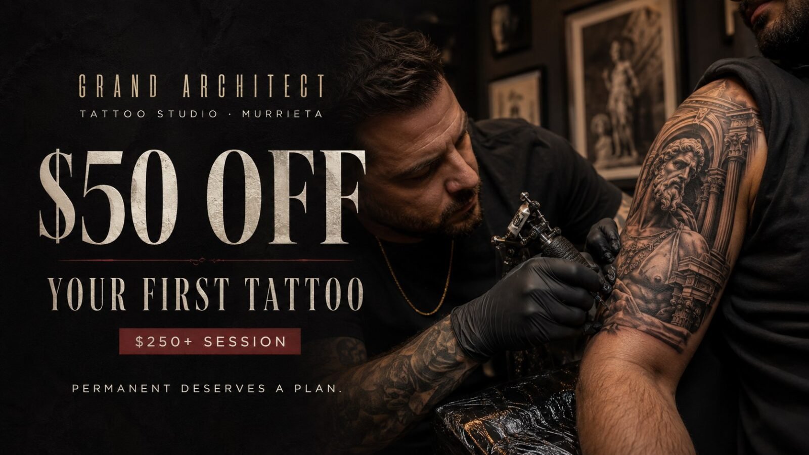 Tattoo artist at Grand Architect Tattoo Studio in Murrieta working on a black and grey statue sleeve - 50 dollars off your first tattoo on sessions of 250 dollars or more